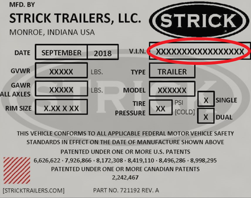 render_1 Strick Trailers tag with V.I.N. number circled